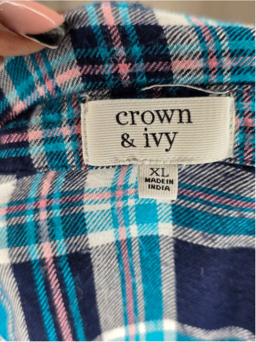 Crown & Ivy Navy Teal Plaid Button Down Shirt Women's Size XL - Picture 5 of 5